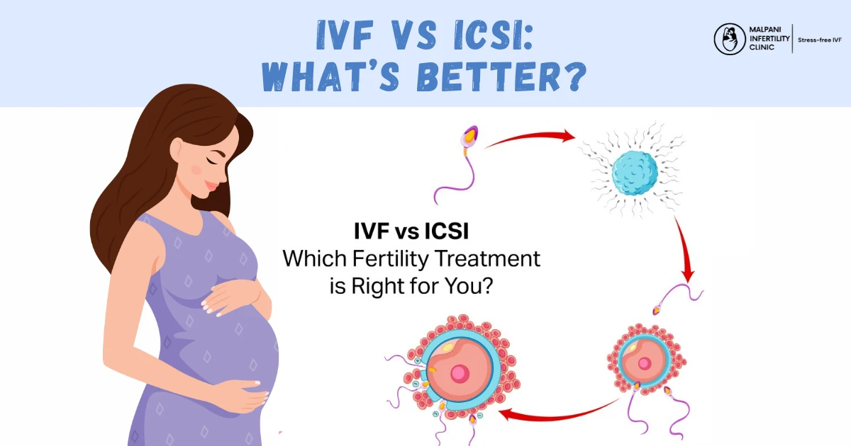 Illustration comparing IVF and ICSI fertility treatments. The image shows the fertilization process with sperm and egg, alongside a pregnant woman, emphasizing the choice between IVF and ICSI for couples seeking fertility solutions.