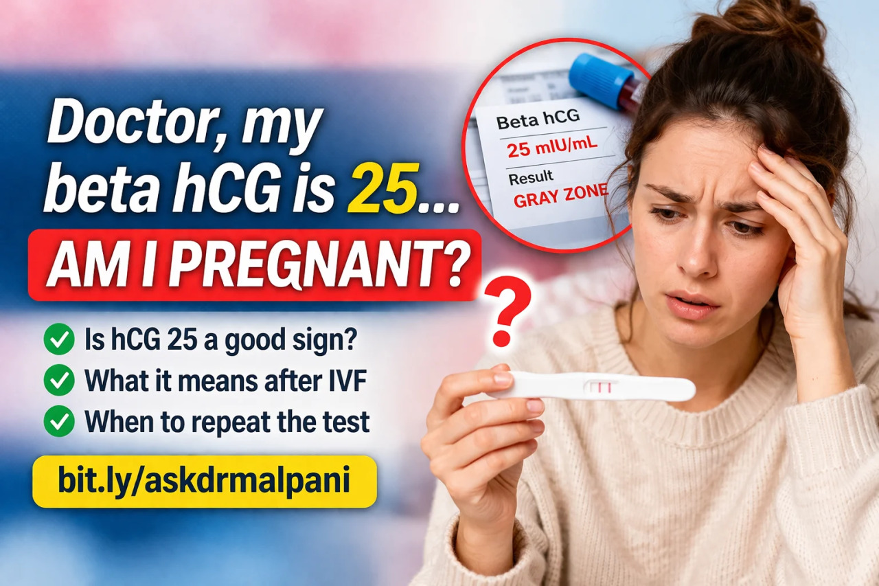 Anxious woman holding a positive pregnancy test and blood test results showing 'Beta hCG 25 - Gray Zone,' reflecting early IVF pregnancy anxiety.