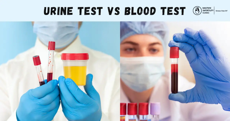 Comparison image showing urine and blood pregnancy tests. On the left, a medical professional holds test tubes of blood and a urine sample container. On the right, another technician examines a blood sample closely.