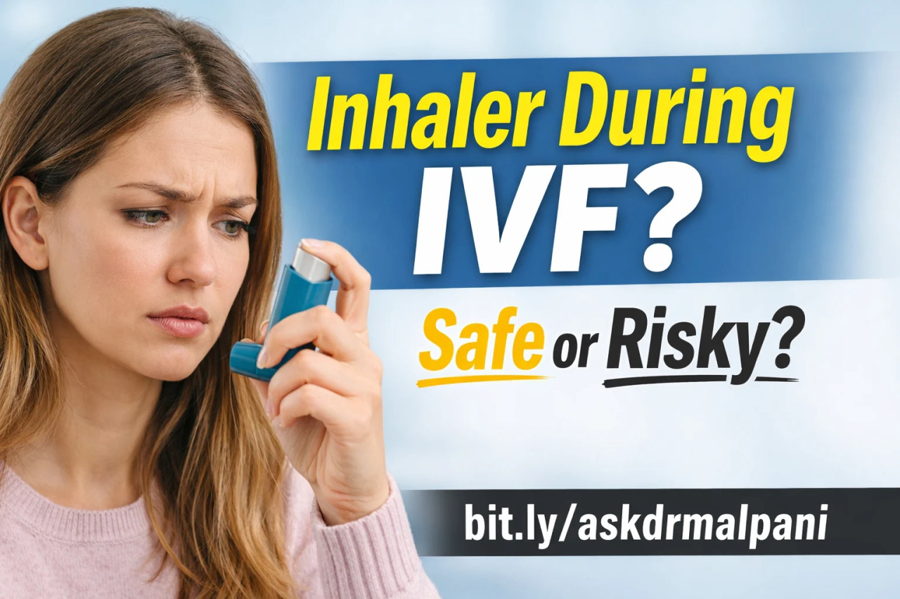 Concerned woman holding an asthma inhaler, questioning medication safety during IVF treatment and embryo transfer.