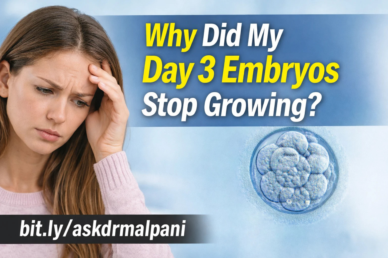 Worried woman holding her head, questioning Day 3 embryo development issues in IVF, next to an image of an embryo.