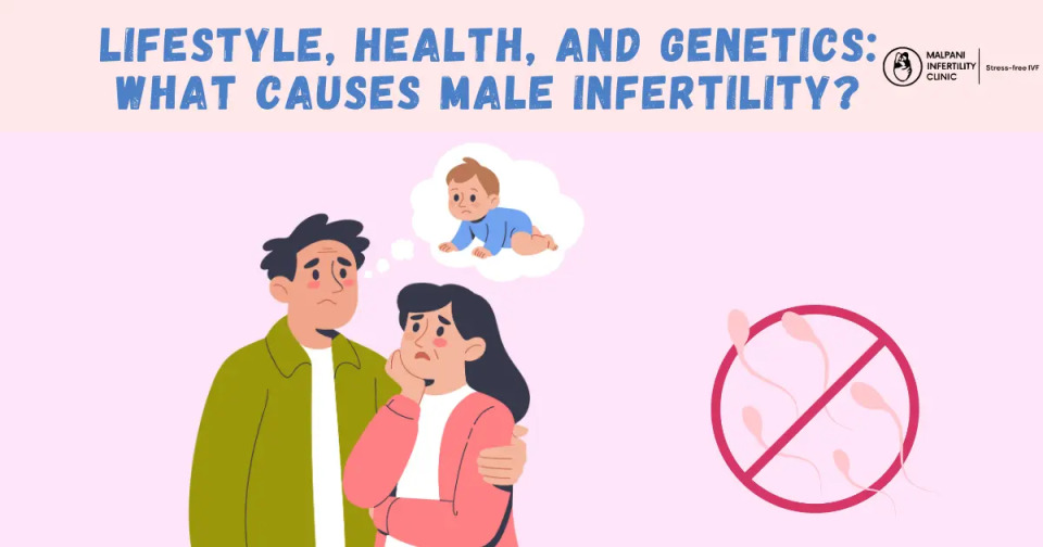 An infographic titled 'LIFESTYLE, HEALTH, AND GENETICS: WHAT CAUSES MALE INFERTILITY?' showing an illustration of a concerned couple dreaming of a baby. A red 'no' symbol is over a group of sperm cells, signifying fertility issues.