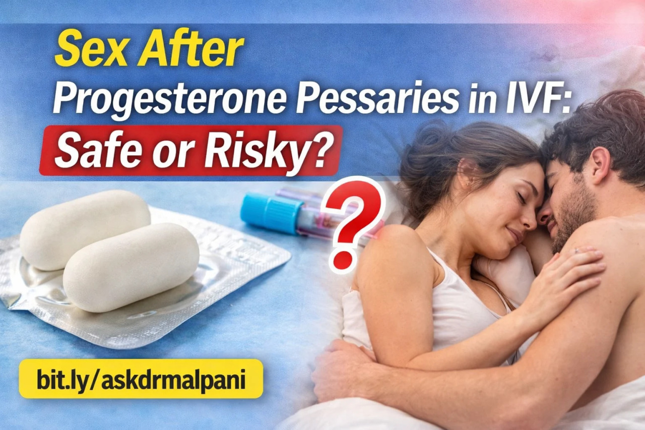 A couple embracing in bed, representing emotional support and intimacy during IVF. Progesterone pessaries visible, posing a question about safety.