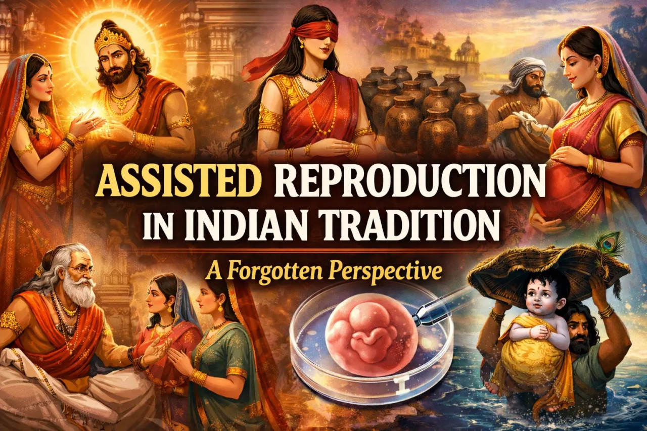 Mythical figures from Indian epics like Mahabharata alongside a scientific embryo illustration, showcasing assisted reproduction's ancient roots.