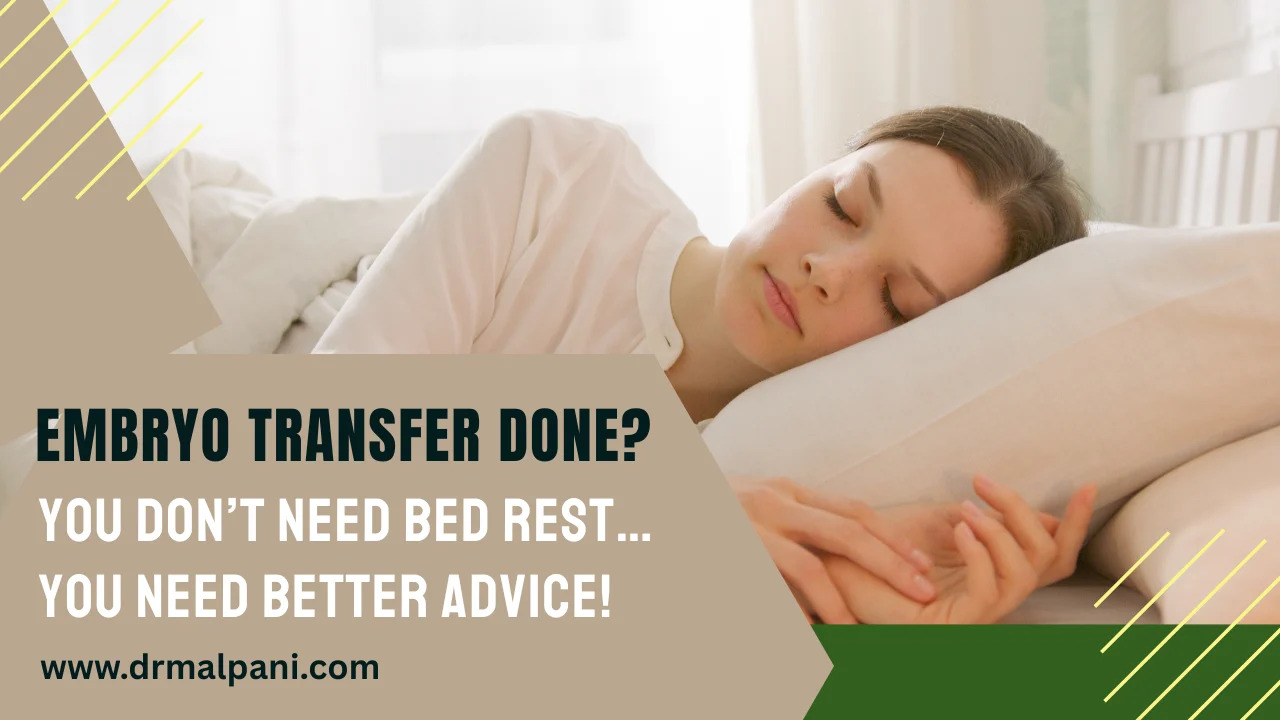 An image of a woman sleeping peacefully in bed, with overlay text reading: 'EMBRYO TRANSFER DONE? YOU DON'T NEED BED REST... YOU NEED BETTER ADVICE!' The image includes the Malpani Infertility Clinic website, www.drmalpani.com, and addresses myths about post-IVF care, embryo implantation tips, physical activity after transfer, and IVF success strategies.