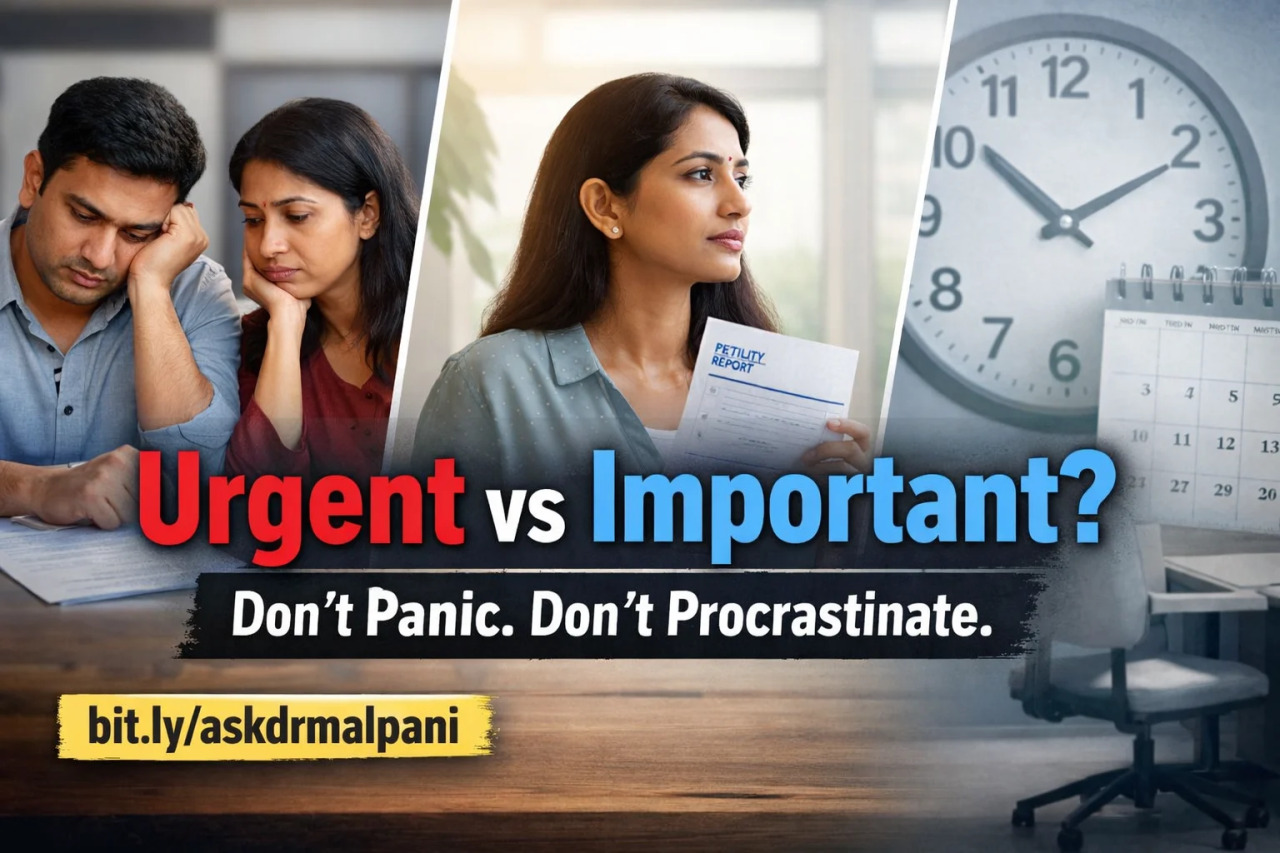 Stressed couple and focused woman with fertility report, clock, calendar. Contrasting urgent vs. important in fertility planning.
