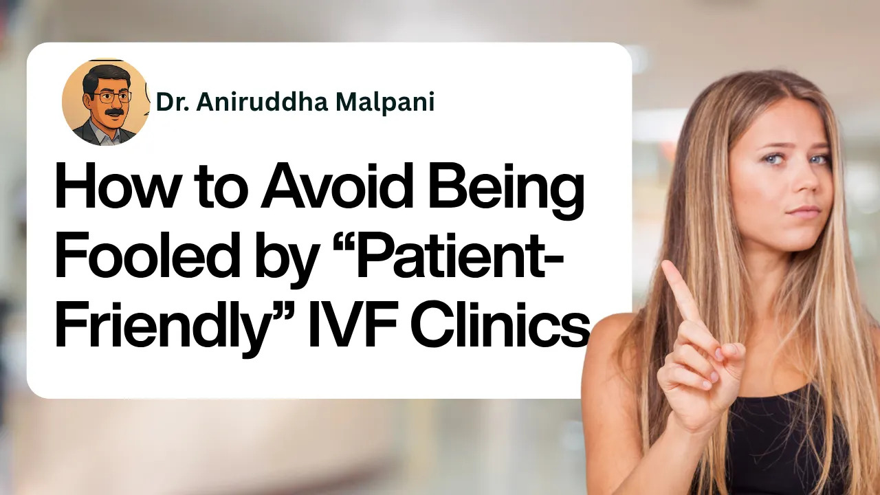 An image featuring Dr. Aniruddha Malpani's profile and a skeptical young woman making a 'stop' gesture with her finger, illustrating the title: 'How to Avoid Being Fooled by Patient-Friendly IVF Clinics.' Keywords include IVF clinic selection, fertility scams, choosing an IVF doctor, Dr. Malpani advice, and IVF treatment honesty