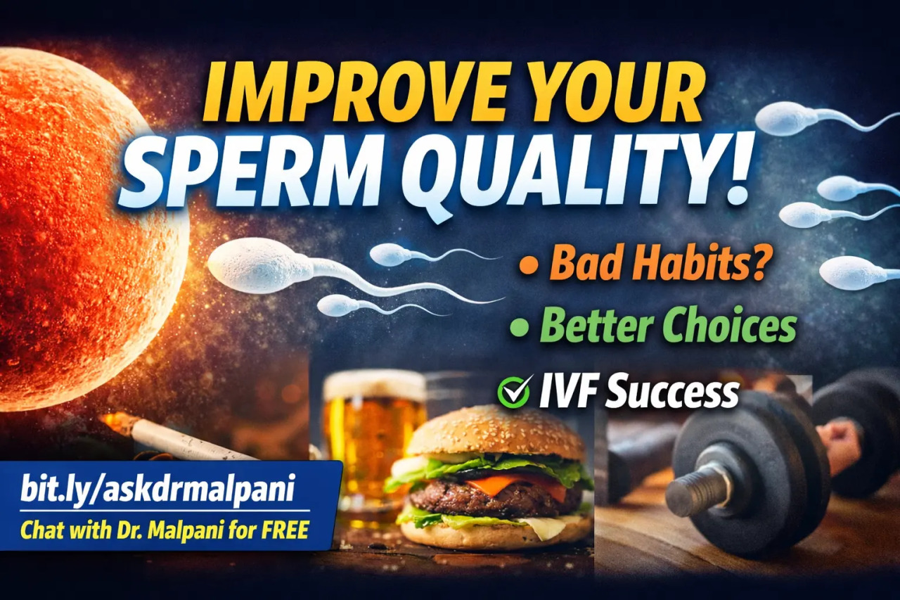 Sperm swimming towards an egg, contrasting unhealthy habits (cigarette, burger) with healthy ones (dumbbell) to boost male fertility for IVF.