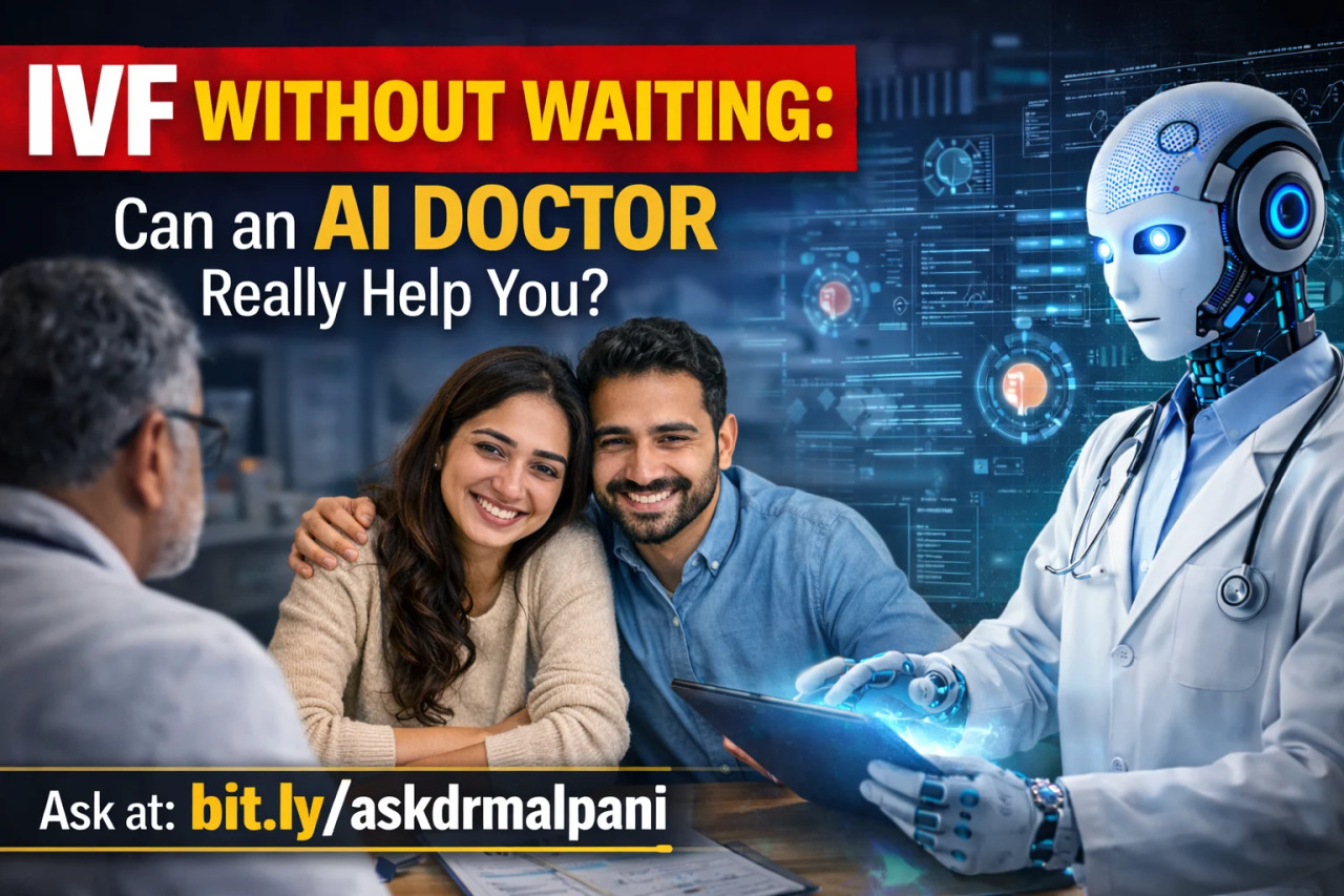 Smiling couple gets modern fertility guidance from an AI doctor in a clinic, promising clear answers and efficient IVF treatment.