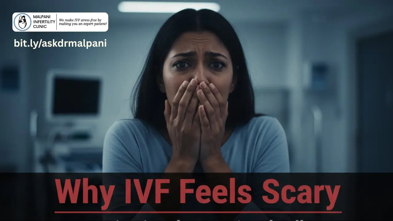 A woman with fear in her eyes and hands covering her mouth, reflecting common anxieties surrounding IVF fertility treatment.