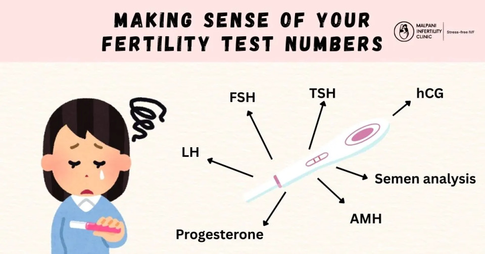 a cartoon illustration shows a crying woman looking at a pregnancy test. To the right, arrows point away from a large pregnancy test illustration toward labels for various fertility tests: LH, FSH, TSH, hCG, Semen analysis, AMH, and Progesterone.