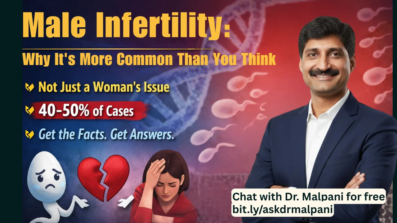 Expert Dr. Malpani debunks male infertility myths, showing it's a shared concern, not just a female issue. Visuals depict distress and shared fertility burden.