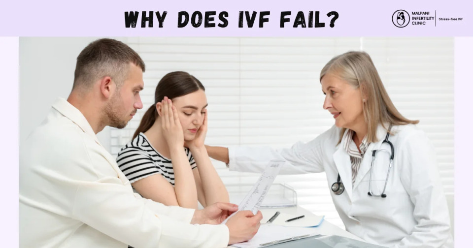 A fertility doctor discussing IVF test results with a worried couple in a consultation room. The image represents the emotional and medical challenges patients face after a failed IVF cycle, highlighting the importance of understanding causes like embryo quality, implantation issues, and timing.