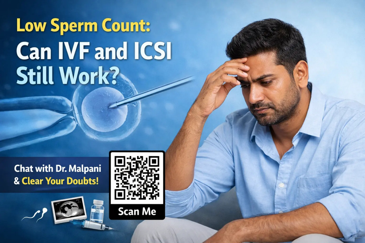 Worried man contemplating an IVF-ICSI procedure for low sperm count, with a QR code to clear male infertility doubts.